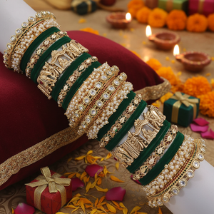 Elegant Gold Plated Pota Stone and Pearl Meenakari Velvet Bangles Set for Women Jewelry Festival Party Wear <b>Accessories</b> - Product Image 3
