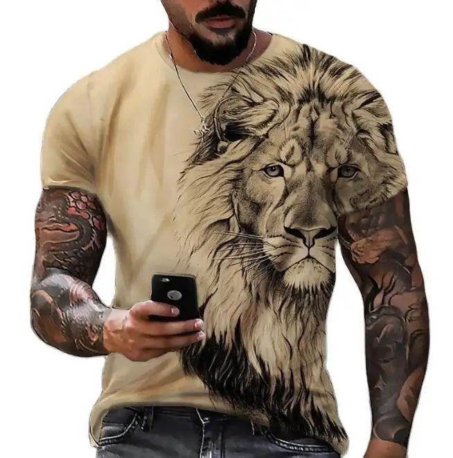 Kaus pria musim panas, kaus pria musim panas motif singa 3D, Kaus digital leher bulat, atasan kasual hip-hop