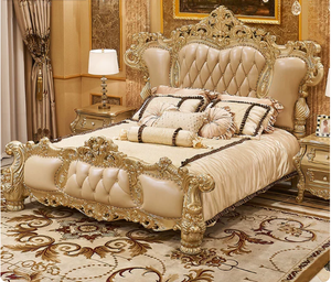 Vintage Royal Classic Bedroom Set <b>High</b>-end <b>Top</b> Layer Beige Leather Wood <b>Bed</b> - Product Image 3