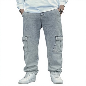 Jean cargo homme coupe droite écologique respirant en denim bleu clair, pantalon décontracté à jambe droite multi-poches pour le travail - Product Image 1