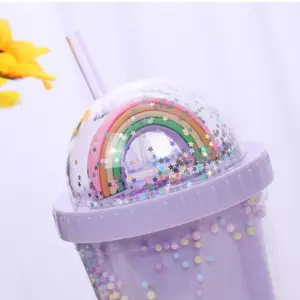 Gelas Air Plastik Warna Pelangi, Tumbler Glitter Pelangi Lapisan Ganda Minuman Dingin Kreatif dengan Sedotan