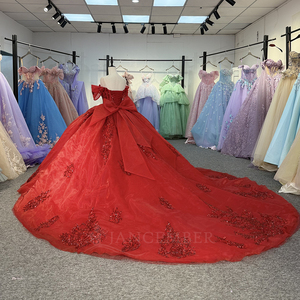 Vestido de Quinceañera Clásico Rojo 20253 con Hombros Descubiertos y Lazo - Product Image 3