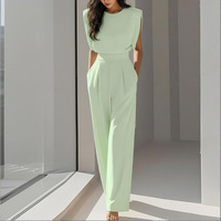 Combinaison de bureau pour femme, col rond, sans manches, taille froncée, plissée, jambe large, vente en gros d'usine