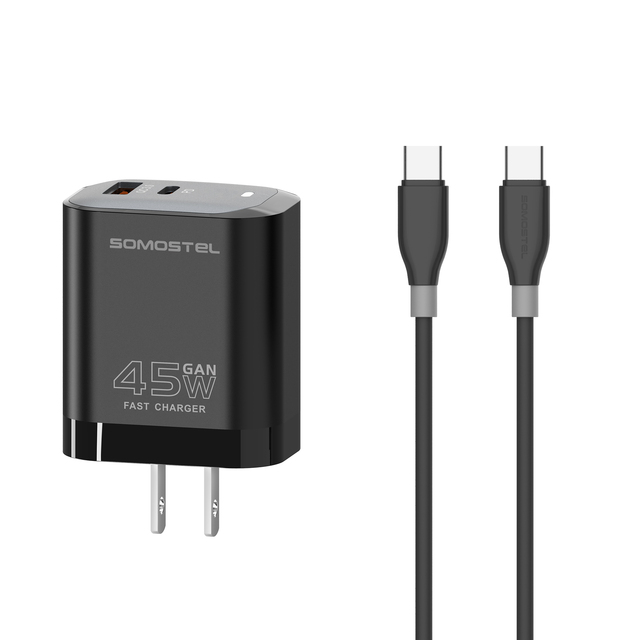 Somostel GaN 45W QC3.0 PD  Dual Port USB Type C Super Fast ChargerWith Indicator Light and Type C Cable Cargador Super Rapido
