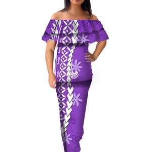 Ropa tribal Polinesia patrón de tatuaje azul oscuro estampado vestido Floral personalizado volantes de talla grande vestido largo isla al por mayor - Product Image 3