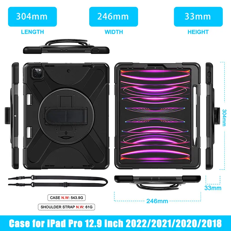 Casing pelindung ponsel universal, casing Apple iPad Pro 12.9 inci 2020 2022, tali bahu universal dan tali tangan, casing pelindung dengan 360 standar Putar