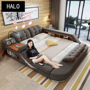 Europe and America Hemp fabric soft bed frame bedroom furniture with speaker massage sofa storage box multi function bed