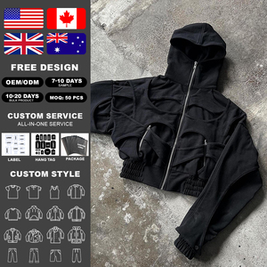 Sudadera con capucha de streetwear oversize de corte holgado, 100% algodón, de felpa francesa, con cremallera completa, estilo ninja, con efecto descolorido por el sol y lavado ácido, con patchwork personalizado. - Product Image 2
