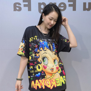 T-shirt Casual da <span class=keywords><strong>Donna</strong></span> a Girocollo a Maniche Corte in <span class=keywords><strong>Cotone</strong></span> Poliestere con Stampa Anime Cartoon e Perline, Vestibilità Ampia, per Commercio Estero Transfrontaliero - Product Image 4