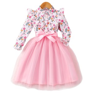 Vestito da bambina 2-12 anni a maniche lunghe con fiocco sul collo, in poliestere floreale a rete, con cintura intrecciata, design da principessa, novità primavera - Product Image 5