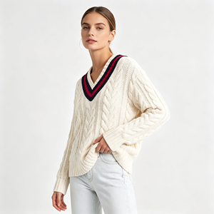 Pull en tricot torsadé pour femme, col en V, blocs de couleur, manches longues, style vintage preppy, pour tenue de campus - Product Image 2