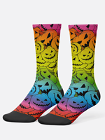 Lot de six paires de chaussettes en polyester à sublimation sur le thème d'Halloween, motif citrouille de dessin animé effrayant, chaussettes mi-mollet pour usage quotidien, prêtes à être expédiées