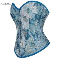 Corset Bustier Rétro Vintage Bleu pour Femme, Motif Floral Peint à l'Huile, Style Médiéval Renaissance, avec 5 Baleines, Grande Taille, Maintien Ferme, Fermeture à Boutons