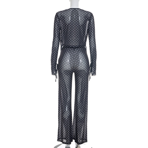 Viviblook J26ST182 Women <b>Set</b> Deep V-Neck Polka Dot See Through Top High Waist Straight Leg Pants Two Piece <b>Set</b> - Product Image 4