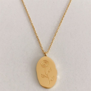 Stainless Steel Necklace Real Gold 18k Gold Plated Custom Carved 12 Flowers Oval Pendant Necklace Jewelry - Product Image 5