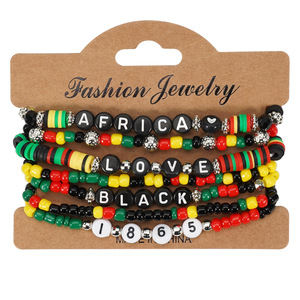 Pulseras Africanas Negras <span class=keywords><strong>de</strong></span> Varias Capas con Cuentas Rojas, Negras, Amarillas <span class=keywords><strong>y</strong></span> Verdes, Pulsera <span class=keywords><strong>de</strong></span> Arcilla Polimérica, Conjuntos <span class=keywords><strong>de</strong></span> Pulseras para Mujeres Africanas - Product Image 5