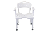 DA-6058E Banc de douche de sécurité moderne pour salle de bain, avec accoudoirs élargis, siège à découpe en U, trous de drainage, coussin en EVA, pieds à ventouses, réglable en hauteur