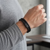 Bracelet Double couche en cuir véritable pour homme, fermoir en acier inoxydable, de haute qualité