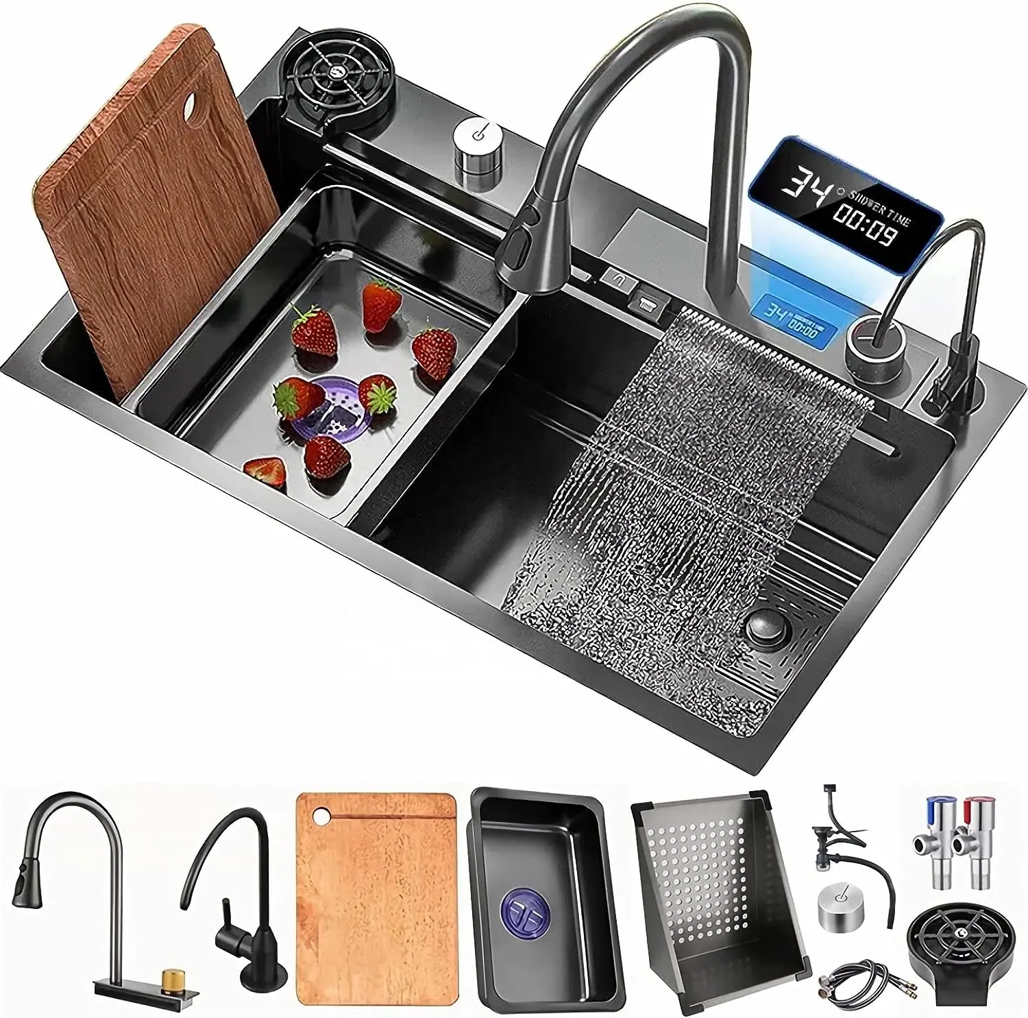 Tiktok Anti-Scratch 304 stainless steel LED Digital Display Waterfall Black stainless steel kitchen sink with accessories