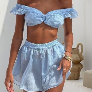 Vente en gros de vêtements d'été décontractés en lin 100% personnalisés, ensemble 2 pièces composé d'un débardeur court uni et d'un short pour femmes - Product Image 2