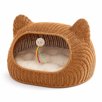 Lit pour chat en rotin PE tissé à la main, grotte semi-fermée pour chat avec coussin en peluche lavable pour chats et petits chiens, 54x32x33 cm