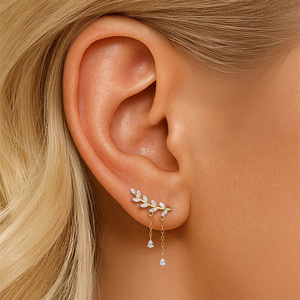Boucles d'oreilles asymétriques pendantes en argent sterling 925 plaqué or avec pampilles, feuilles d'olivier et zircons cubiques marquise, style grimpant - Product Image 5