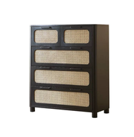 Commode moderne noire en rotin à 5 tiroirs avec façades tressées, meuble de rangement en bois, vente en gros pour chambre et salon