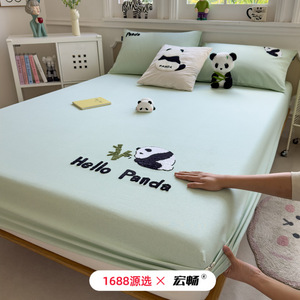 Hello Panda Pure Cotton <b>Fitted</b> <b>Sheet</b> 1.2m 1.5m 1.8m Cooling Mat Three Piece Set Cartoon Embroidery Summer Bedding - Product Image 1