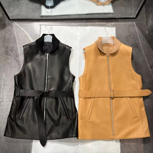 2023 Wholesale Real Leather Trench Vest Coat Women Black and <strong>Orange</strong> Women Leather Vest - Product Image 2