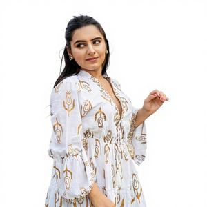 Robe d'été bohème blanche mi-longue en coton à imprimé floral, légère, décontractée, lavable, coupe trapèze, idéale pour les vacances - Product Image 1