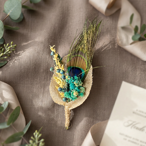 Boutonnière de fleurs séchées faites à la main avec plume de paon, épingle de revers rustique style bohème pour mariage BU-024 - Product Image 3