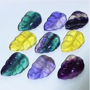 Wholesale 4cm natural handmade crystal carving rainbow fluorite leaf for home decoration