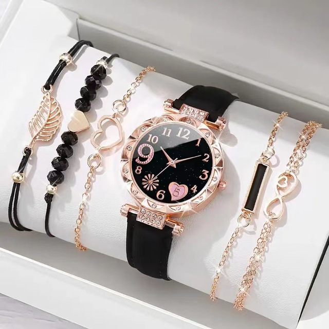 6pcs Set Luxury Leather Analog Quartz Wrist Watch for Women 32mm Dial Diameter Alloy Case Business Style Female Bracelet Watch