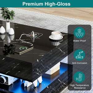 Tavolino da caffè smart a forma di H con motivo in marmo nero, cassetti portaoggetti e porte di ricarica per il soggiorno - Product Image 3