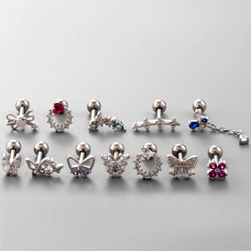 Hengsen đầy màu sắc Cubic Zirconia tim bướm hoa sụn Stud Bông tai vít trở lại thép không gỉ Helix piercing đồ trang sức