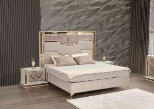 Modern Style 5 Pc Queen Upholstered Bedroom Set with Wood and Gold Accents in Beige for Hotel Use by OE HOME - Product Image 6
