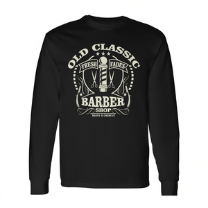 Camiseta Clásica de Manga Larga para Barbería, Diseño Vintage de Poste de Barbero, Afeitado y Corte de Pelo - Product Image 2