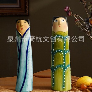 Vases en céramique de style bohème avec visages, 2 pièces, pour salon, décoration de la maison, cadeau de saint-valentin, motif végétal, forme irrégulière - Product Image 3