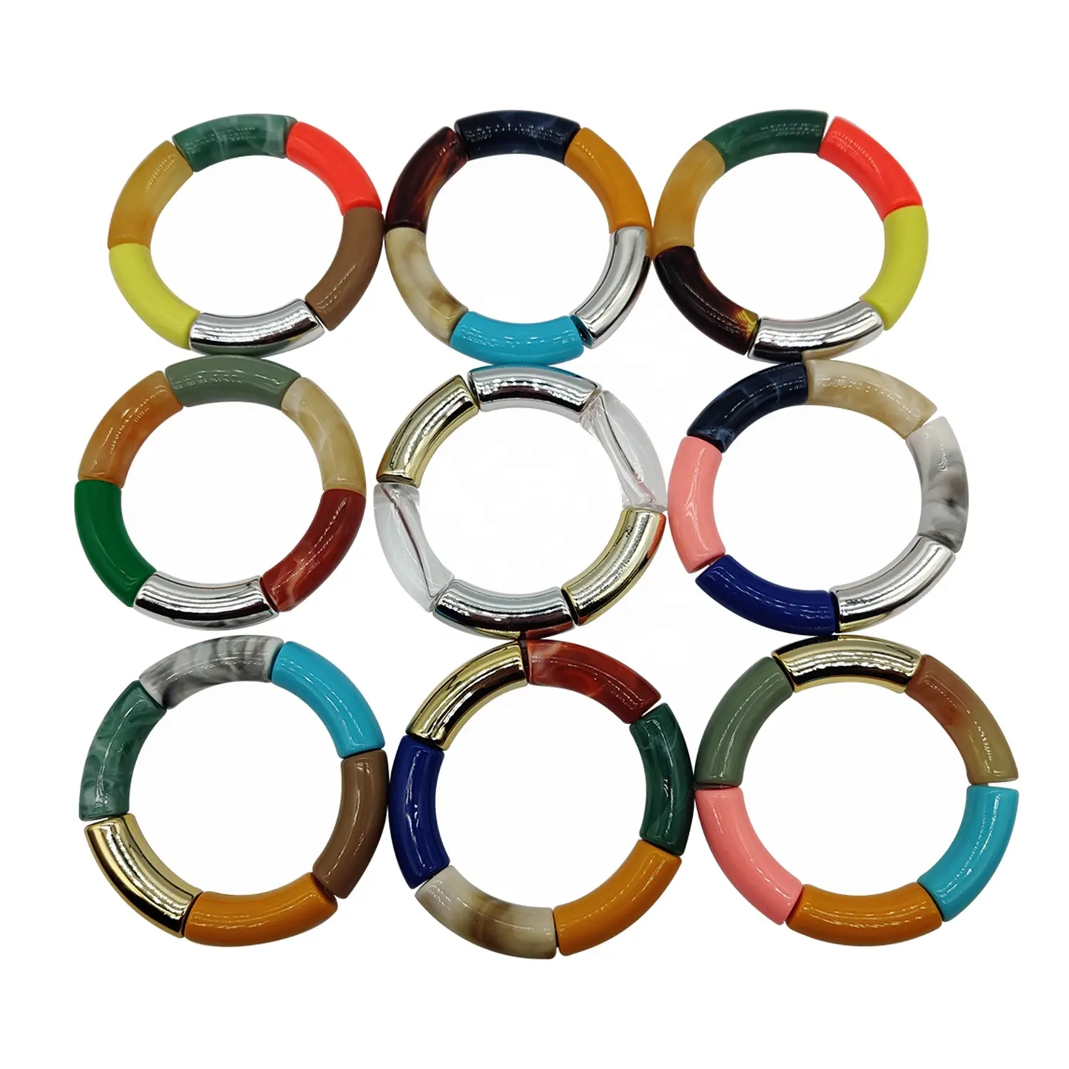 Bracelet en résine extensible, bijou coloré, blanc néon, perles acrylique, Tube incurvé, 2020