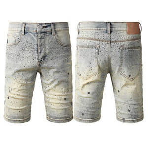 Pantalones Cortos de Mezclilla para <span class=keywords><strong>Hombre</strong></span>, Verano 2026, Estilo Vintage, Estampado, Corte Recto, Ajustados, Rotos, con Pedrería - Product Image 1
