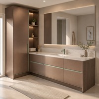 Sistema de Mueble de Baño Moderno y Minimalista con Espejo de Mármol Personalizado, Espejo LED con Acabado Coordinado para Configuración a Medida