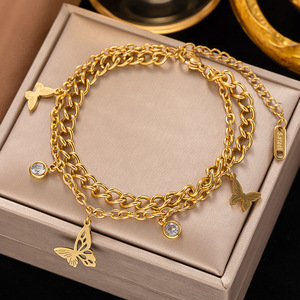 18K PVD Gold Plated Stainless Steel Double Layer Chain <b>Bracelet</b> with Hollow Butterfly <b>Charms</b> <b>for</b> Women | Waterproof & Non-Fading - Product Image 2
