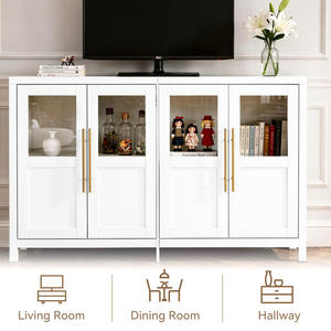 Armoire de rangement moderne en bois massif à 4 portes avec portes en verre et poignées dorées pour salon et salle à manger - Product Image 3