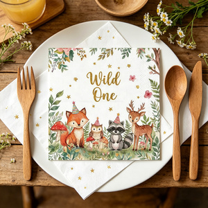 Serviettes d'<span class=keywords><strong>anniversaire</strong></span> sur le thème des animaux de la forêt Wild One, serviettes en papier jetables pour enfants, pour la 1ère <span class=keywords><strong>anniversaire</strong></span>, la fête de naissance, la décoration de fête - Product Image 1