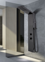 Ensemble de douche mural avec panneau de douche en acier inoxydable noir, thermostatique, effet pluie et cascade, avec éclairage LED