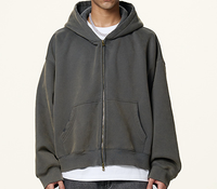 Sudadera con Capucha y Cremallera para Hombre, Estilo Holgado, Tejido de Felpa de 350 g/m², Grueso, Lavado Ácido, con Logotipo Personalizado al por Mayor