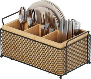 Oniya Custom Bamboe Bestekhouder Picknickmand Met Handvat Lepel- en Vorkorganizer Metalen Bestekbak voor Feestjes - Product Image 1