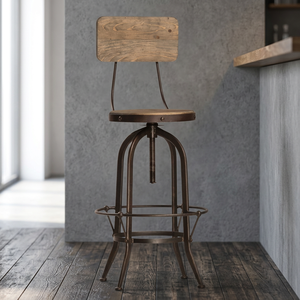 Chaise de bar en métal de style industriel et vintage, réglable en hauteur, avec siège et dossier en bois, accoudoirs fixes, pour bars à domicile et hôtels - Product Image 3