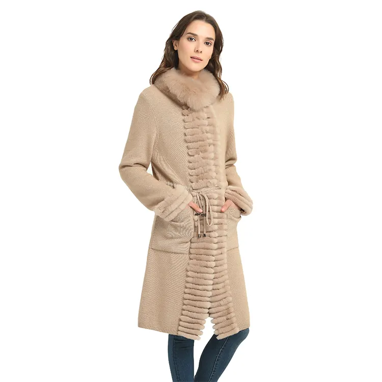 Manteau d'hiver en laine acrylique pour femme, veste longue en vraie fourrure avec col de lapin