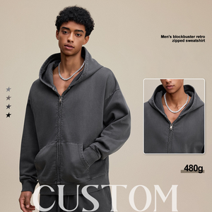 Fabricante de sudaderas con logotipo personalizado, ropa para hombre, sudadera con cremallera de peso pesado, 480 g, algodón puro, felpa francesa, a prueba de viento, de alta calidad - Product Image 2